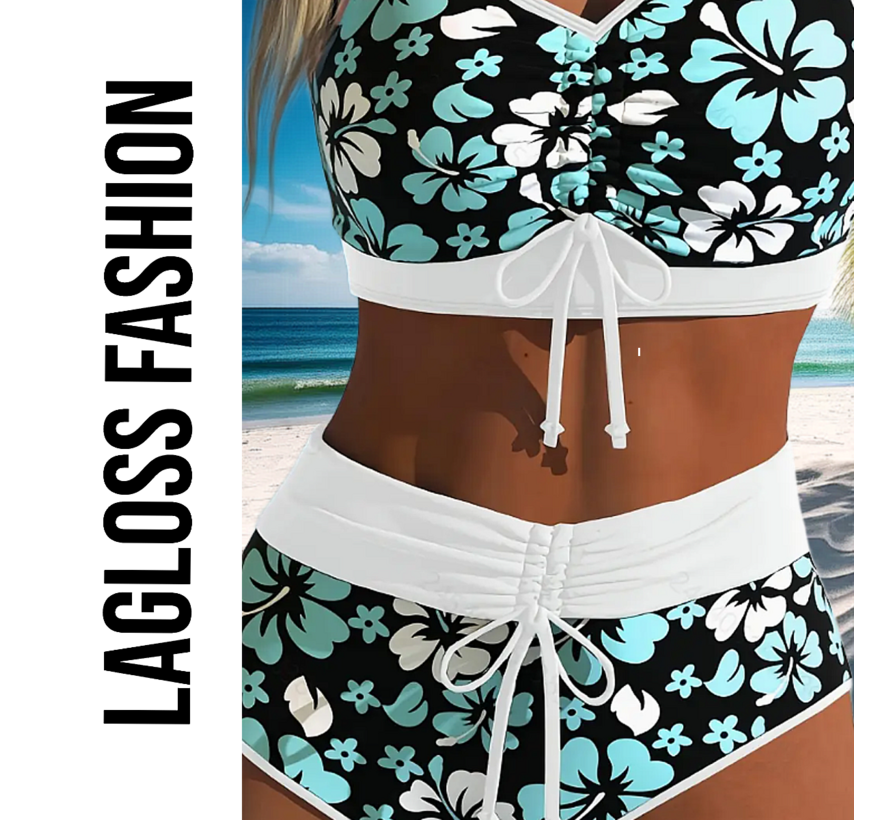 LaGloss® Mode Bikini Set – Elegant Bloemenprint Badpak met Kruisriem & Veterdetails - Blauw/Zwart/Wit - Hoog Elastisch & Comfortabele Pasvorm – Maat XL