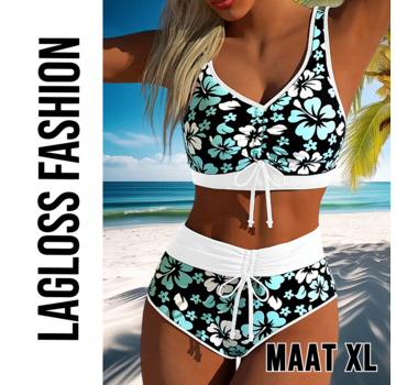LaGloss Elegant Bloemenprint Bikini met Kruisriem & Veterdetails - Blauw/Zwart/Wit – Maat XL