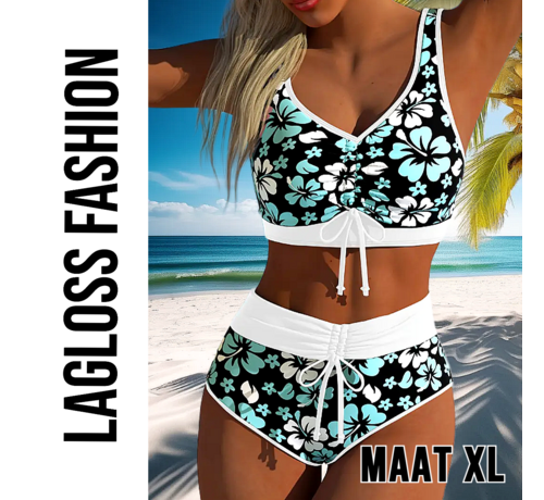 LaGloss LaGloss® Mode Bikini Set – Elegant Bloemenprint Badpak met Kruisriem & Veterdetails - Blauw/Zwart/Wit - Hoog Elastisch & Comfortabele Pasvorm – Maat XL