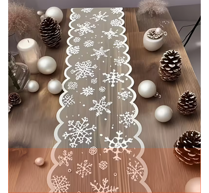 Witte Sneeuwvlok Tafelloper – 33x183 cm – Kerst Tafeldecoratie van 100% Polyester – Winter Tafelkleed – Feestelijke Kerstsfeer Decoratie