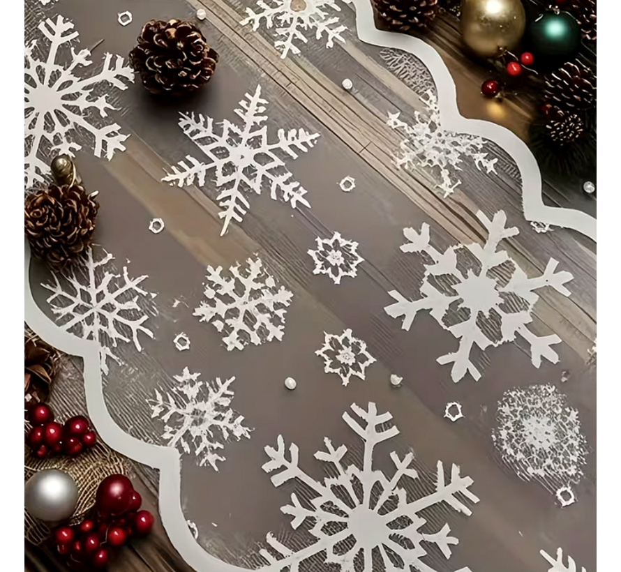 Witte Sneeuwvlok Tafelloper – 33x183 cm – Kerst Tafeldecoratie van 100% Polyester – Winter Tafelkleed – Feestelijke Kerstsfeer Decoratie