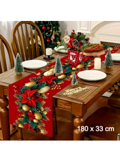 Allernieuwste.nl® Kerst Tafelloper Poinsettia’s, Dennenappels & Gouden Accenten - 180x33 cm