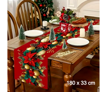 Allernieuwste.nl® Kerst Tafelloper Poinsettia’s, Dennenappels & Gouden Accenten - 180x33 cm