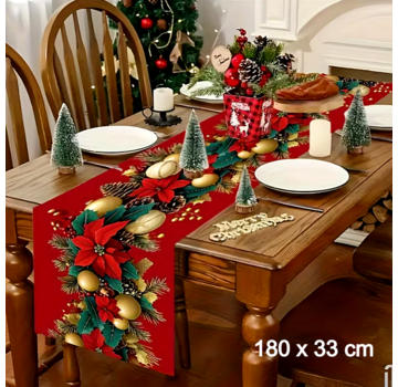 Allernieuwste.nl® Kerst Tafelloper Poinsettia’s, Dennenappels & Gouden Accenten - 180x33 cm