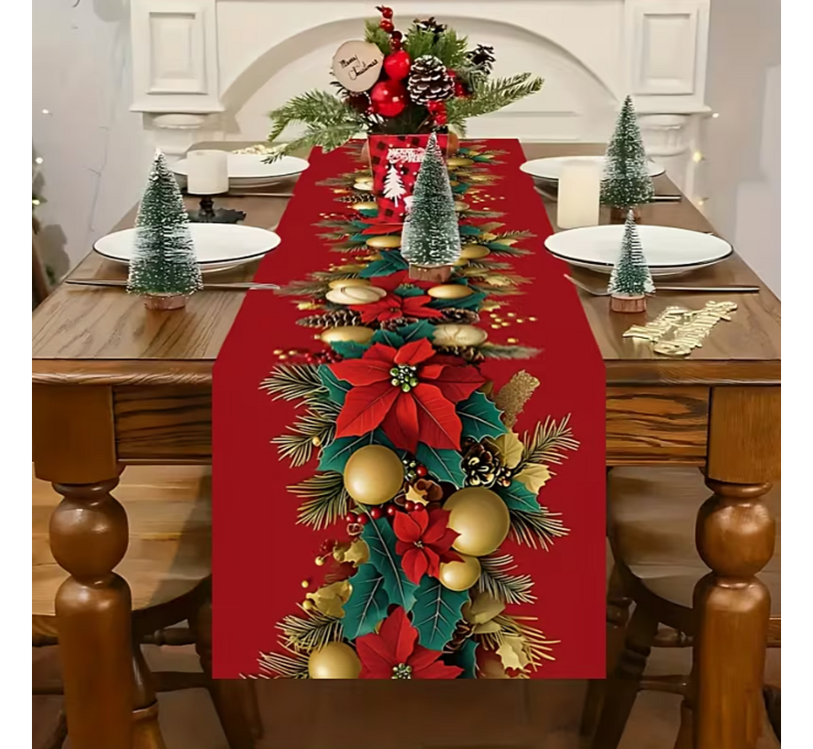 Kerst Tafelloper 180x33 cm – Rood & Groen Kerst Tafelkleed met Poinsettia’s, Dennenappels & Gouden Accenten – Feestelijke Tafeldecoratie – Perfect voor Kerstdiners, Feestdagen & Keukentafels