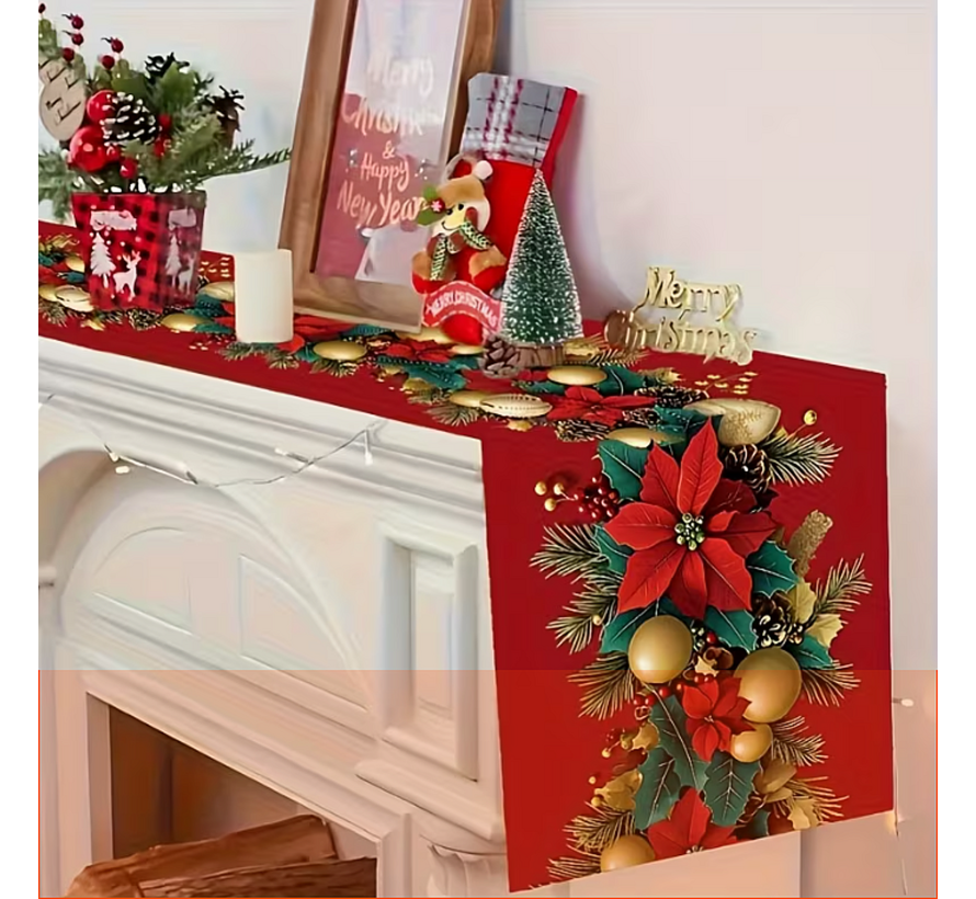 Kerst Tafelloper 180x33 cm – Rood & Groen Kerst Tafelkleed met Poinsettia’s, Dennenappels & Gouden Accenten – Feestelijke Tafeldecoratie – Perfect voor Kerstdiners, Feestdagen & Keukentafels