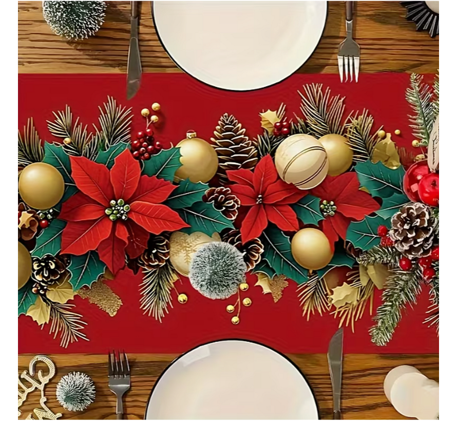 Kerst Tafelloper 180x33 cm – Rood & Groen Kerst Tafelkleed met Poinsettia’s, Dennenappels & Gouden Accenten – Feestelijke Tafeldecoratie – Perfect voor Kerstdiners, Feestdagen & Keukentafels