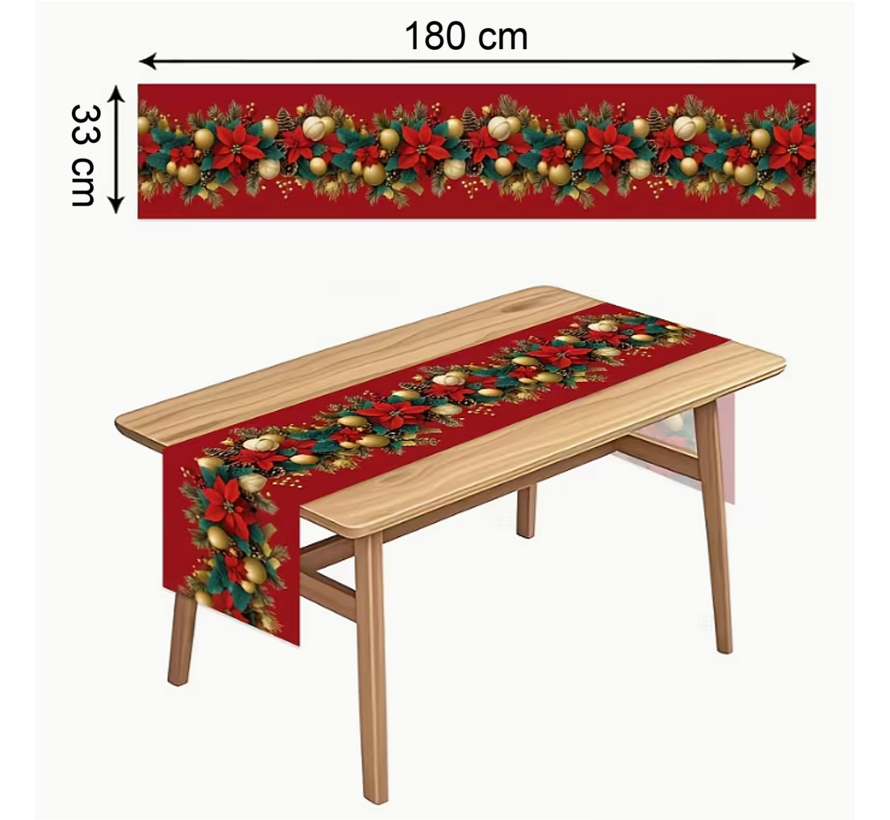 Kerst Tafelloper 180x33 cm – Rood & Groen Kerst Tafelkleed met Poinsettia’s, Dennenappels & Gouden Accenten – Feestelijke Tafeldecoratie – Perfect voor Kerstdiners, Feestdagen & Keukentafels