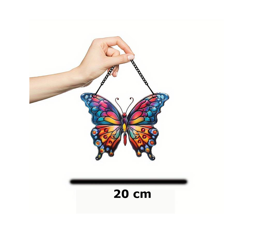 Allernieuwste.nl® Raamhanger Raamdecoratie Art Deco Vlinder - Kleurige Zonnevanger Acryl met Ketting - ArtDeco Kleurrijke Vlinder - Wandkunst Suncatcher 20 cm %%
