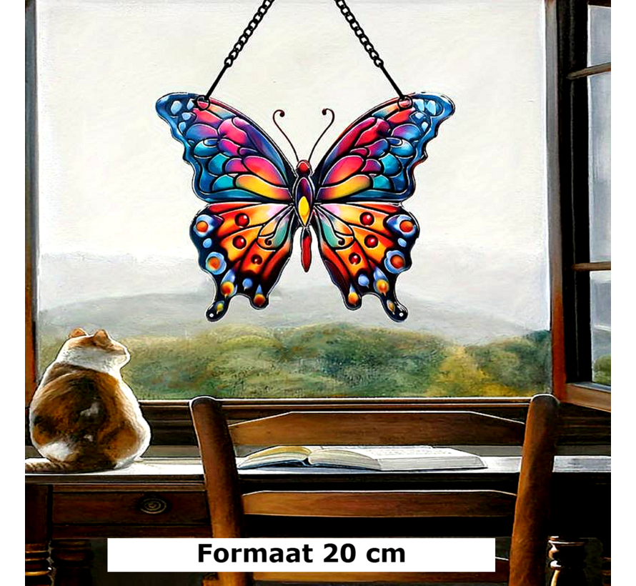 Allernieuwste.nl® Raamhanger Raamdecoratie Art Deco Vlinder - Kleurige Zonnevanger Acryl met Ketting - ArtDeco Kleurrijke Vlinder - Wandkunst Suncatcher 20 cm %%