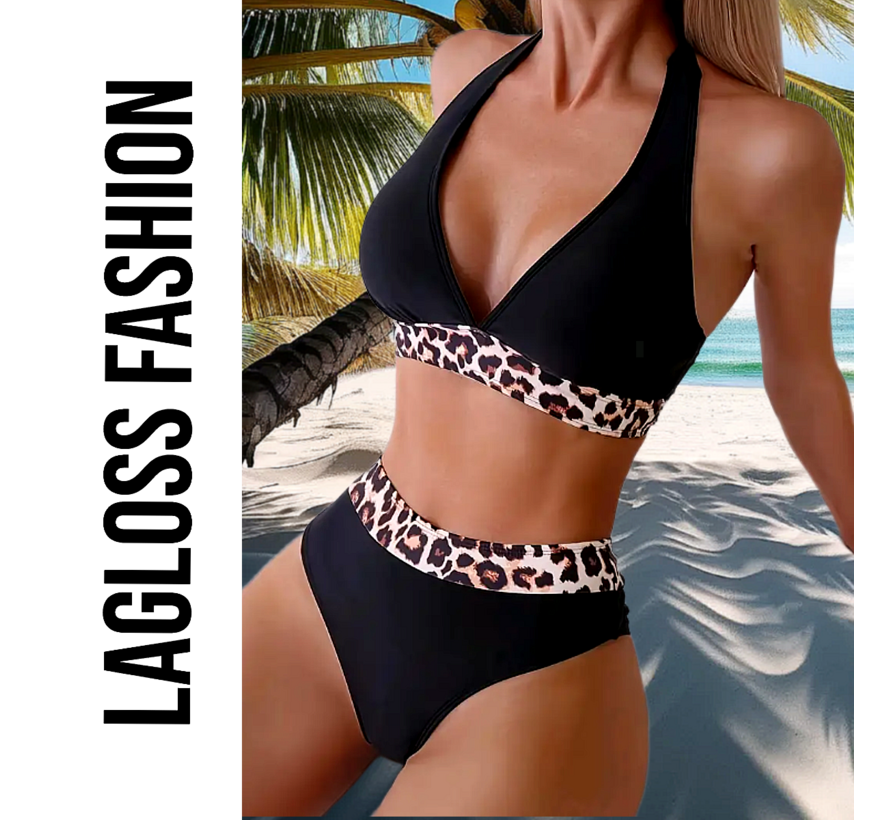 LaGloss® Sexy Luipaard Dierenprint Bikini Set Zwart – Hoge Stretch Lace Up Dames Zwemkleding – Maat M
