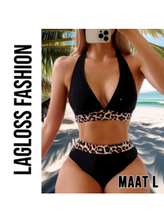 LaGloss Sexy Luipaard Dierenprint Bikini Set Zwart – Maat L