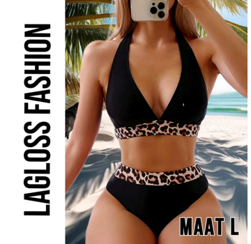 LaGloss Sexy Luipaard Dierenprint Bikini Set Zwart – Maat L