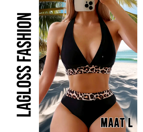 LaGloss LaGloss® Sexy Luipaard Dierenprint Bikini Set Zwart – Hoge Stretch Lace Up Dames Zwemkleding – Maat L