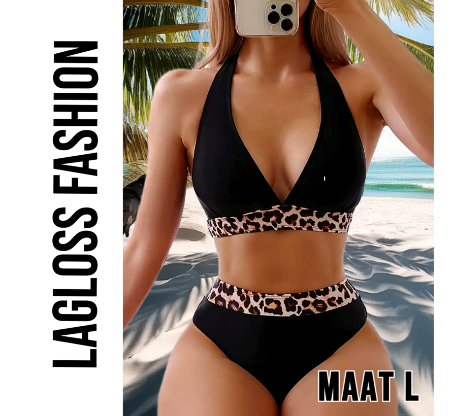 LaGloss® Sexy Luipaard Dierenprint Bikini Set Zwart – Hoge Stretch Lace Up Dames Zwemkleding – Maat L