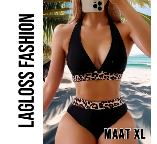 LaGloss LaGloss® Sexy Luipaard Dierenprint Bikini Set Zwart – Hoge Stretch Lace Up Dames Zwemkleding – Maat XL
