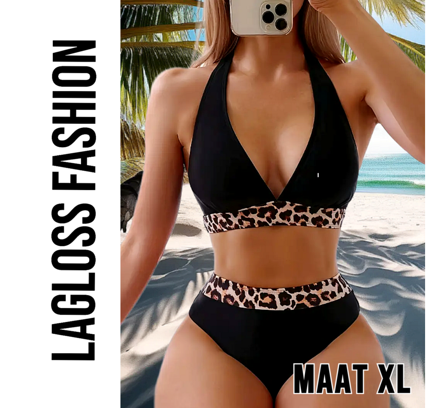 LaGloss® Sexy Luipaard Dierenprint Bikini Set Zwart – Hoge Stretch Lace Up Dames Zwemkleding – Maat XL