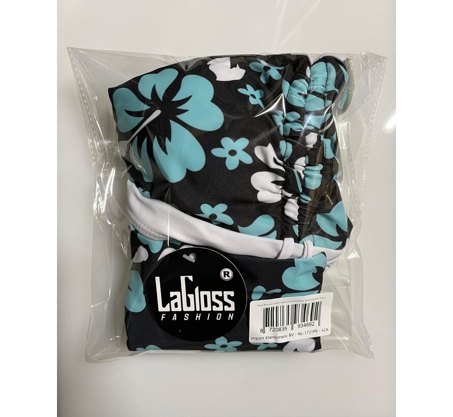LaGloss® Mode Bikini Set – Elegant Bloemenprint Badpak met Kruisriem & Veterdetails - Blauw/Zwart/Wit - Hoog Elastisch & Comfortabele Pasvorm – Maat S