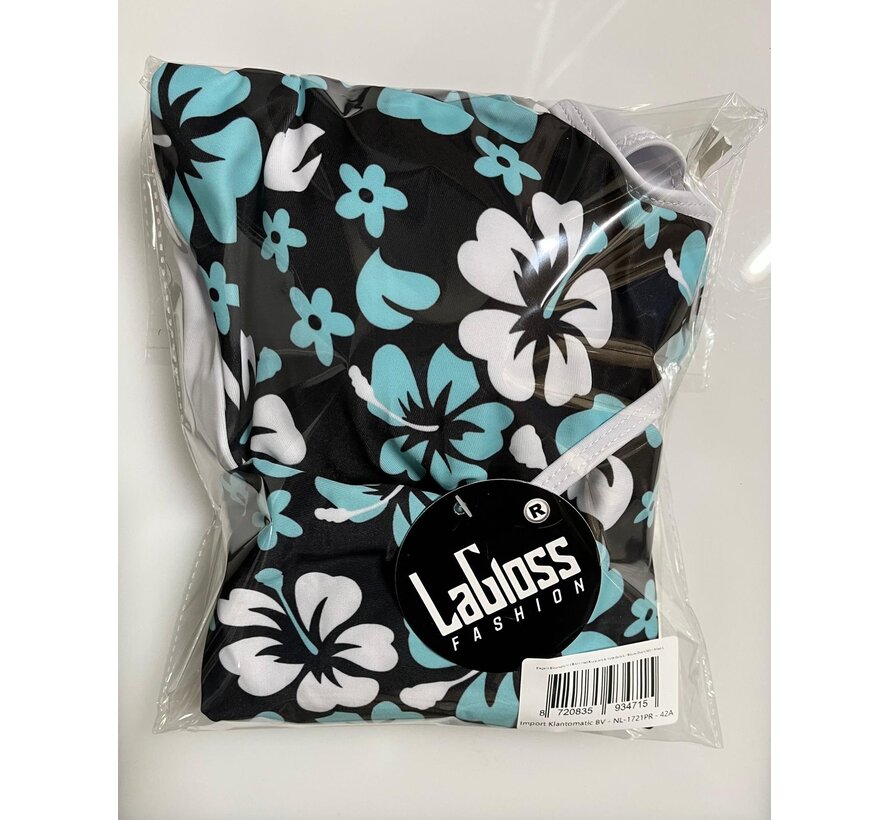 LaGloss® Mode Bikini Set – Elegant Bloemenprint Badpak met Kruisriem & Veterdetails - Blauw/Zwart/Wit - Hoog Elastisch & Comfortabele Pasvorm – Maat L