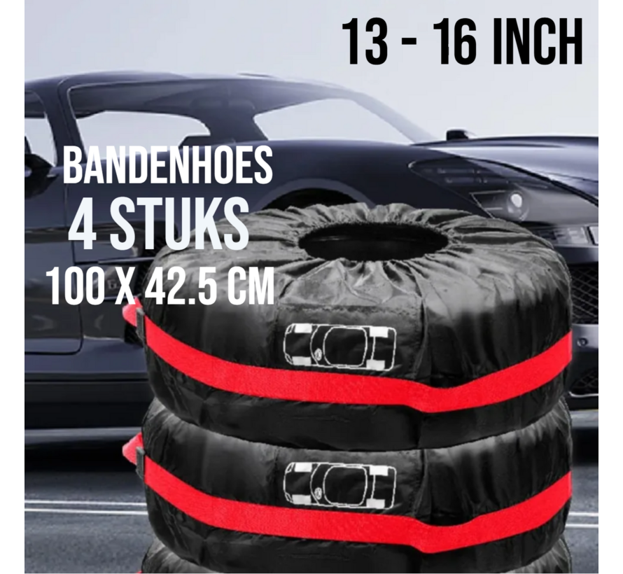 4x Bandenhoezen Set Autobanden Beschermhoezen met Handvat voor 13 t/m 16 inch Zwart/Rood Polyester