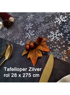 Allernieuwste.nl® Zilveren Kerst Tafelloper Glitter Metallic - Zilver Tafeldecoratie Sneeuwvlokken - Rol 28 x 275 cm