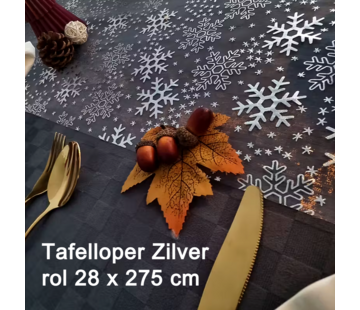Allernieuwste.nl® Zilveren Kerst Tafelloper Glitter Metallic - Zilver Tafeldecoratie Sneeuwvlokken - Rol 28 x 275 cm