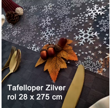 Allernieuwste.nl® Zilveren Kerst Tafelloper Glitter Metallic - Zilver Tafeldecoratie Sneeuwvlokken - Rol 28 x 275 cm