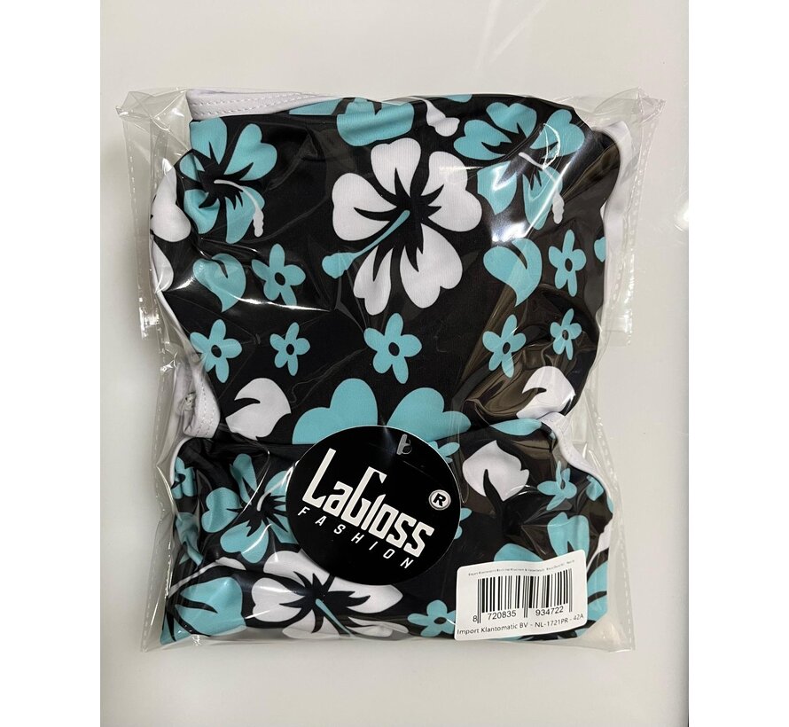 LaGloss® Mode Bikini Set – Elegant Bloemenprint Badpak met Kruisriem & Veterdetails - Blauw/Zwart/Wit - Hoog Elastisch & Comfortabele Pasvorm – Maat XL