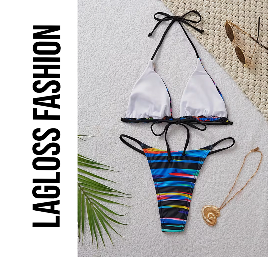 LaGloss® Dames Sexy Kleurrijke Gestreepte Bikini Set – High-Stretch Zwemkleding met Vetersluiting - Levendige Groen/Geel/Oranje Strepen - Modieuze Tweedelige Bikini – Maat S