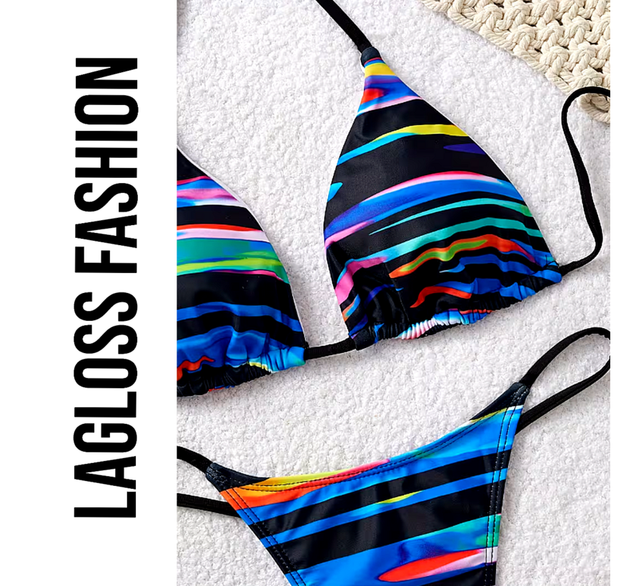 LaGloss® Dames Sexy Kleurrijke Gestreepte Bikini Set – High-Stretch Zwemkleding met Vetersluiting - Levendige Groen/Geel/Oranje Strepen - Modieuze Tweedelige Bikini – Maat S