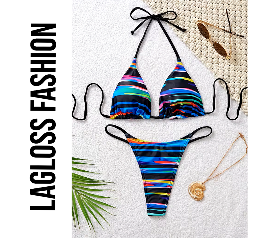 LaGloss® Dames Sexy Kleurrijke Gestreepte Bikini Set – High-Stretch Zwemkleding met Vetersluiting - Levendige Groen/Geel/Oranje Strepen - Modieuze Tweedelige Bikini – Maat L