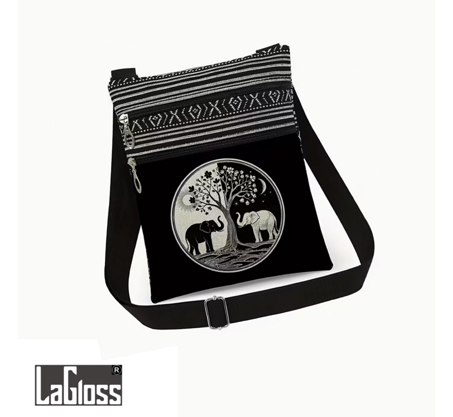 LaGloss® Taichi Olifantendruk Schoudertas – Vintage Bloemen Crossbody Tas – Lichtgewicht Dagelijkse Schouderbag voor Telefoon, Sleutels & Portemonnee – Cadeautas voor Olifantenliefhebbers