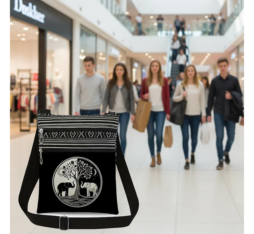 LaGloss® Taichi Olifantendruk Schoudertas – Vintage Bloemen Crossbody Tas – Lichtgewicht Dagelijkse Schouderbag voor Telefoon, Sleutels & Portemonnee – Cadeautas voor Olifantenliefhebbers