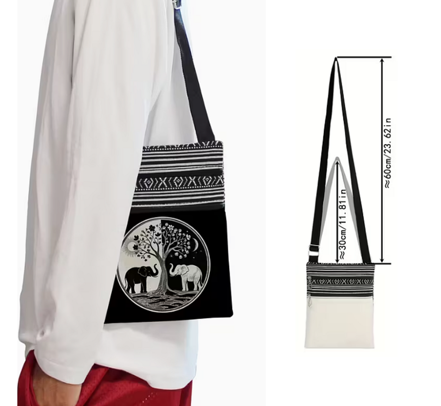 LaGloss® Taichi Olifantendruk Schoudertas – Vintage Bloemen Crossbody Tas – Lichtgewicht Dagelijkse Schouderbag voor Telefoon, Sleutels & Portemonnee – Cadeautas voor Olifantenliefhebbers