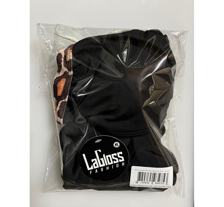 LaGloss® Sexy Luipaard Dierenprint Bikini Set Zwart – Hoge Stretch Lace Up Dames Zwemkleding – Maat M