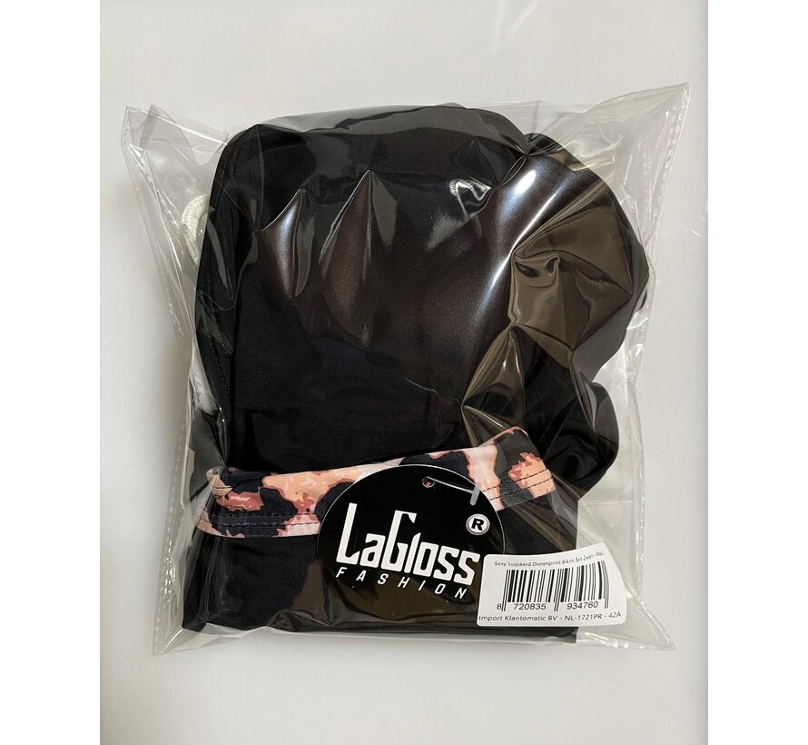 LaGloss® Sexy Luipaard Dierenprint Bikini Set Zwart – Hoge Stretch Lace Up Dames Zwemkleding – Maat L