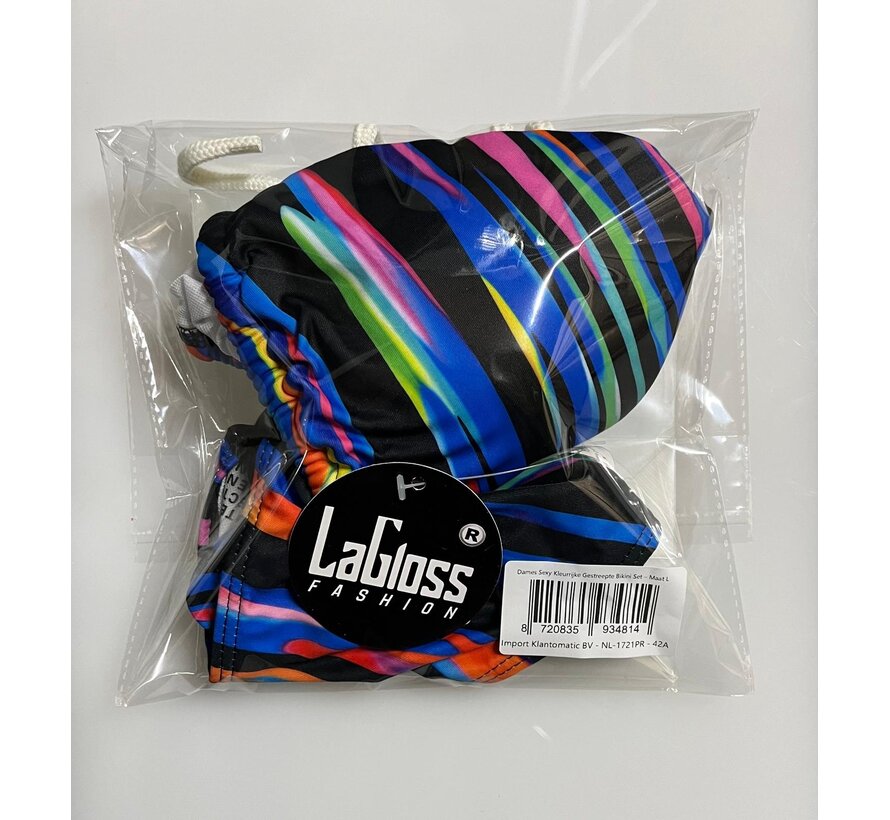 LaGloss® Dames Sexy Kleurrijke Gestreepte Bikini Set – High-Stretch Zwemkleding met Vetersluiting - Levendige Groen/Geel/Oranje Strepen - Modieuze Tweedelige Bikini – Maat L