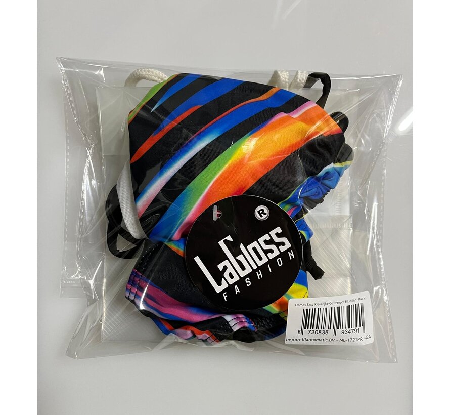 LaGloss® Dames Sexy Kleurrijke Gestreepte Bikini Set – High-Stretch Zwemkleding met Vetersluiting - Levendige Groen/Geel/Oranje Strepen - Modieuze Tweedelige Bikini – Maat S