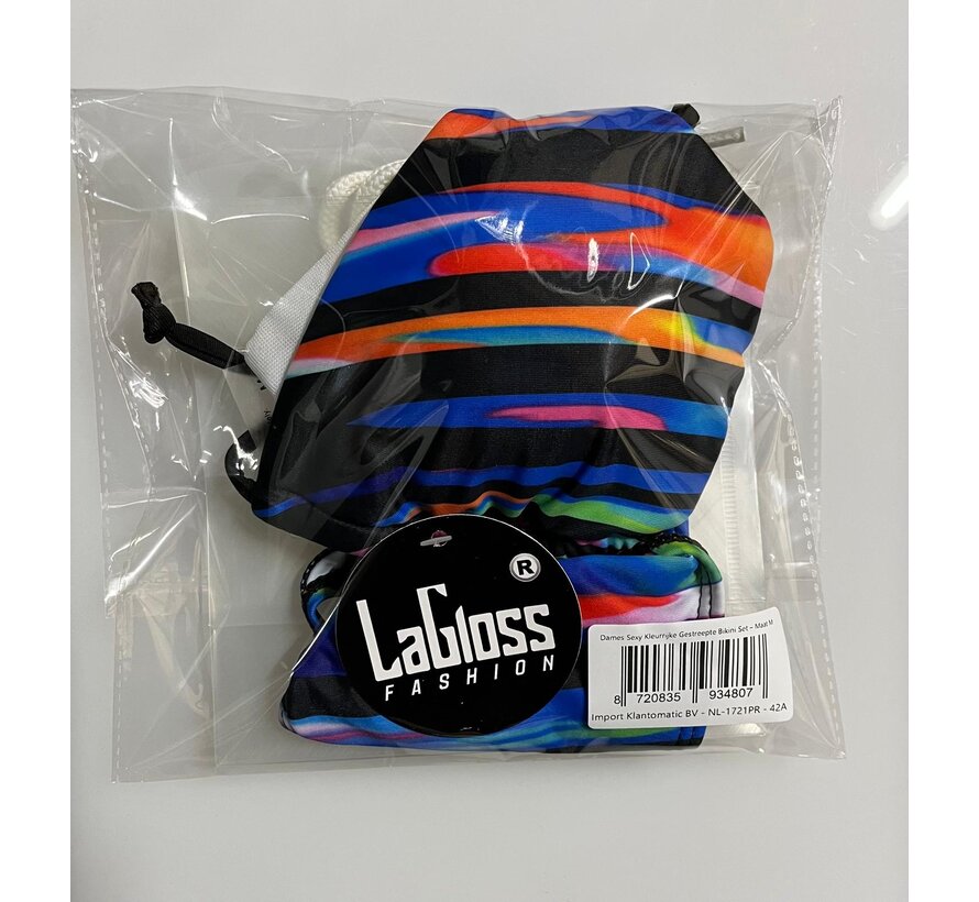 LaGloss® Dames Sexy Kleurrijke Gestreepte Bikini Set – High-Stretch Zwemkleding met Vetersluiting - Levendige Groen/Geel/Oranje Strepen - Modieuze Tweedelige Bikini – Maat M