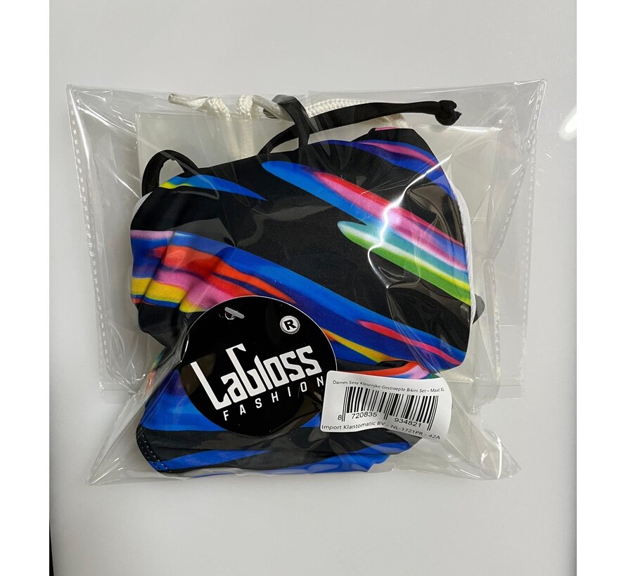 LaGloss® Dames Sexy Kleurrijke Gestreepte Bikini Set – High-Stretch Zwemkleding met Vetersluiting - Levendige Groen/Geel/Oranje Strepen - Modieuze Tweedelige Bikini – Maat XL