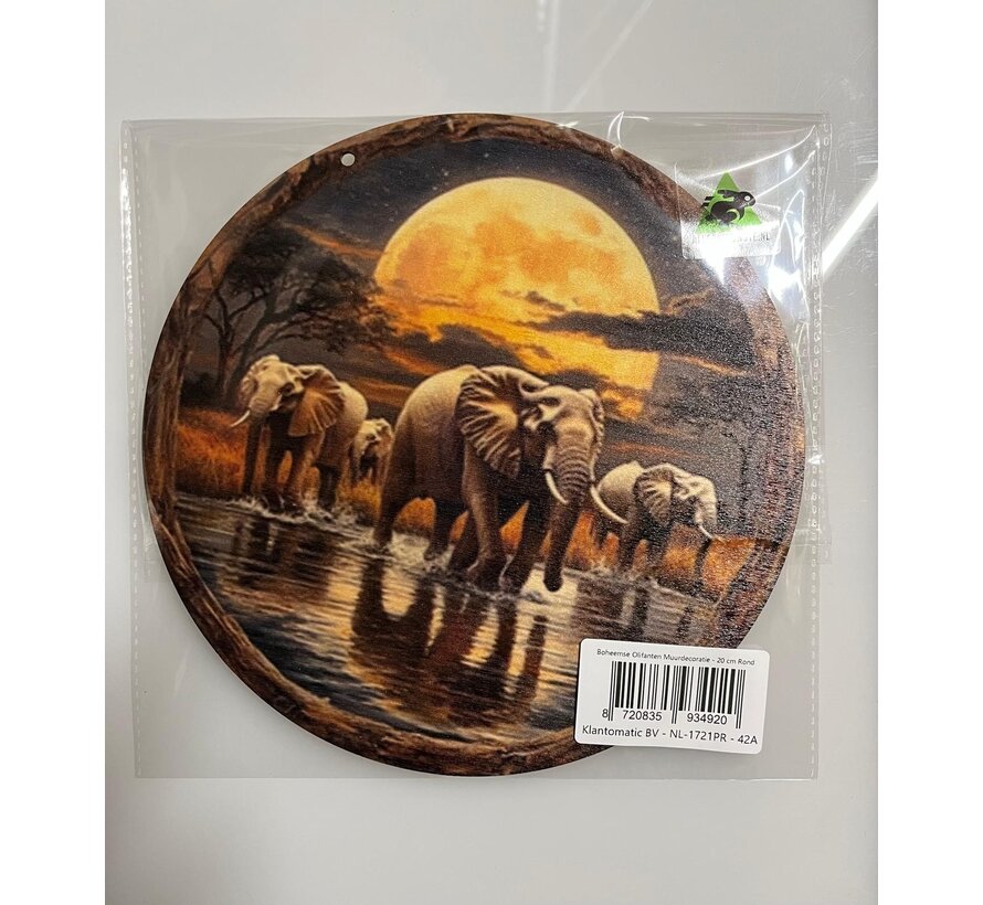 Allernieuwste.nl® Boheemse Olifanten Muurdecoratie Rond 20 cm – Vier Olifanten met Maan & Savanne Print - Raam, Tuin & Woondecoratie – Perfect Cadeau - 20 x 20 cm
