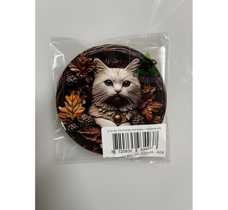 Allernieuwste.nl® 6x Houten Onderzetters met Katjes – Hittebestendig - Decoratief – Vintage Natuurstijl