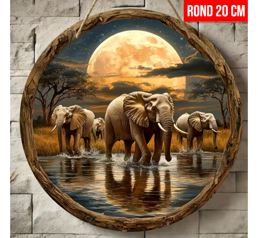 Allernieuwste.nl® Boheemse Olifanten Muurdecoratie Rond 20 cm – Vier Olifanten met Maan & Savanne Print - Raam, Tuin & Woondecoratie – Perfect Cadeau - 20 x 20 cm