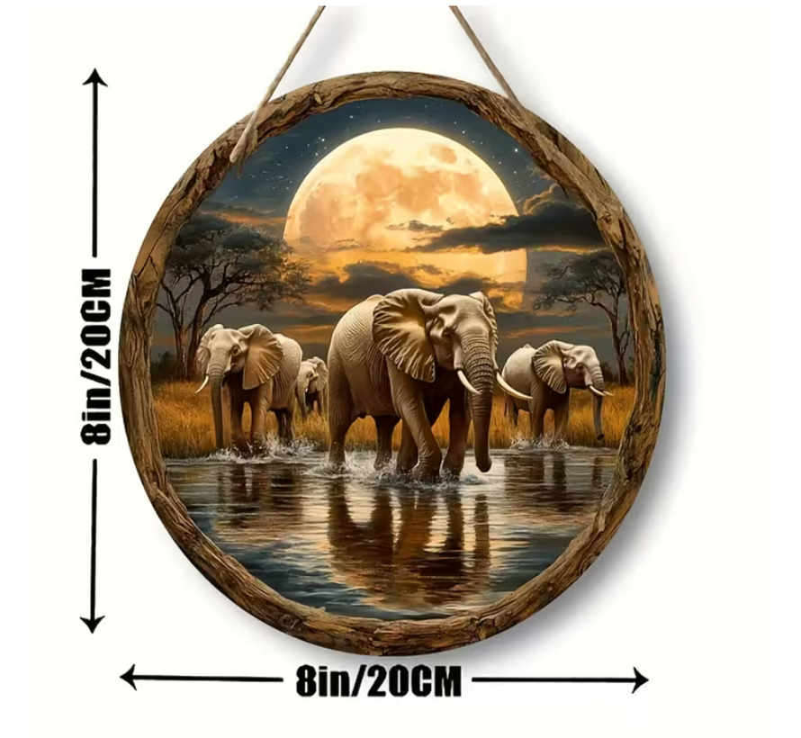 Allernieuwste.nl® Boheemse Olifanten Muurdecoratie Rond 20 cm – Vier Olifanten met Maan & Savanne Print - Raam, Tuin & Woondecoratie – Perfect Cadeau - 20 x 20 cm