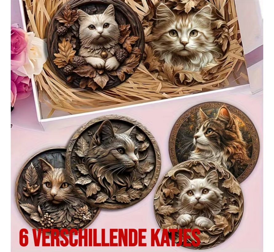 Allernieuwste.nl® 6x Houten Onderzetters met Katjes – Hittebestendig - Decoratief – Vintage Natuurstijl