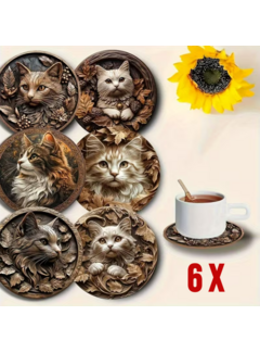 Allernieuwste.nl 6x Houten Onderzetters met Katjes – Hittebestendig