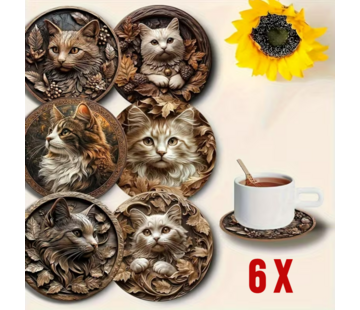 Allernieuwste.nl 6x Houten Onderzetters met Katjes – Hittebestendig