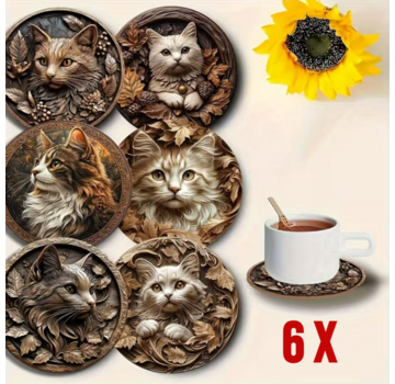 Allernieuwste.nl 6x Houten Onderzetters met Katjes – Hittebestendig