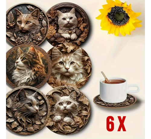 Allernieuwste.nl Allernieuwste.nl® 6x Houten Onderzetters met Katjes – Hittebestendig - Decoratief – Vintage Natuurstijl