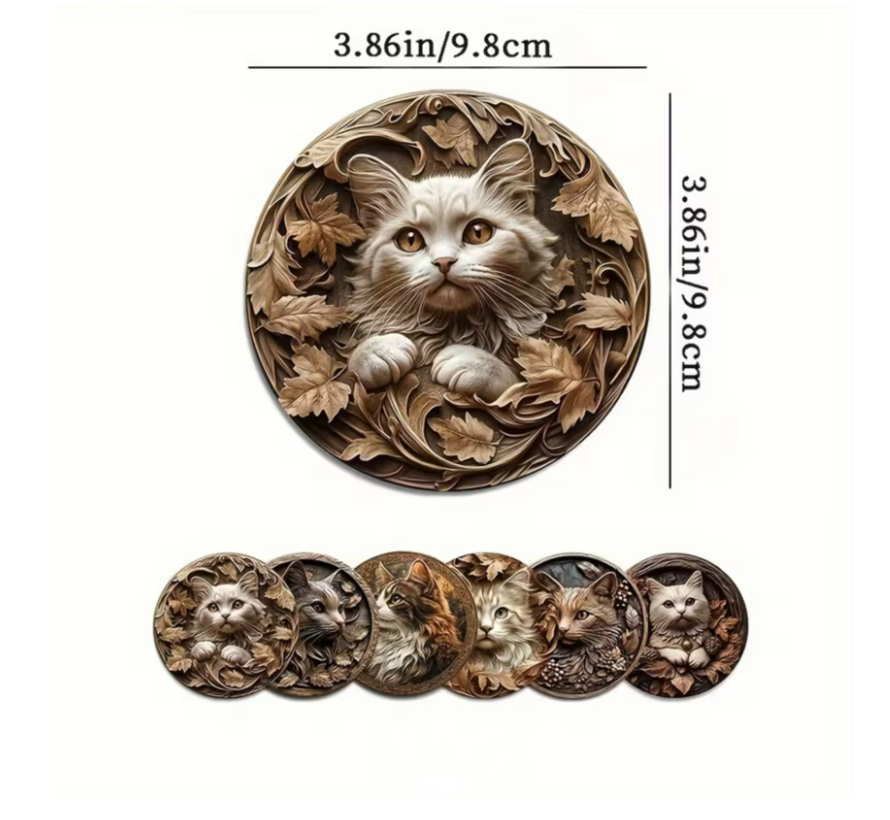 Allernieuwste.nl® 6x Houten Onderzetters met Katjes – Hittebestendig - Decoratief – Vintage Natuurstijl